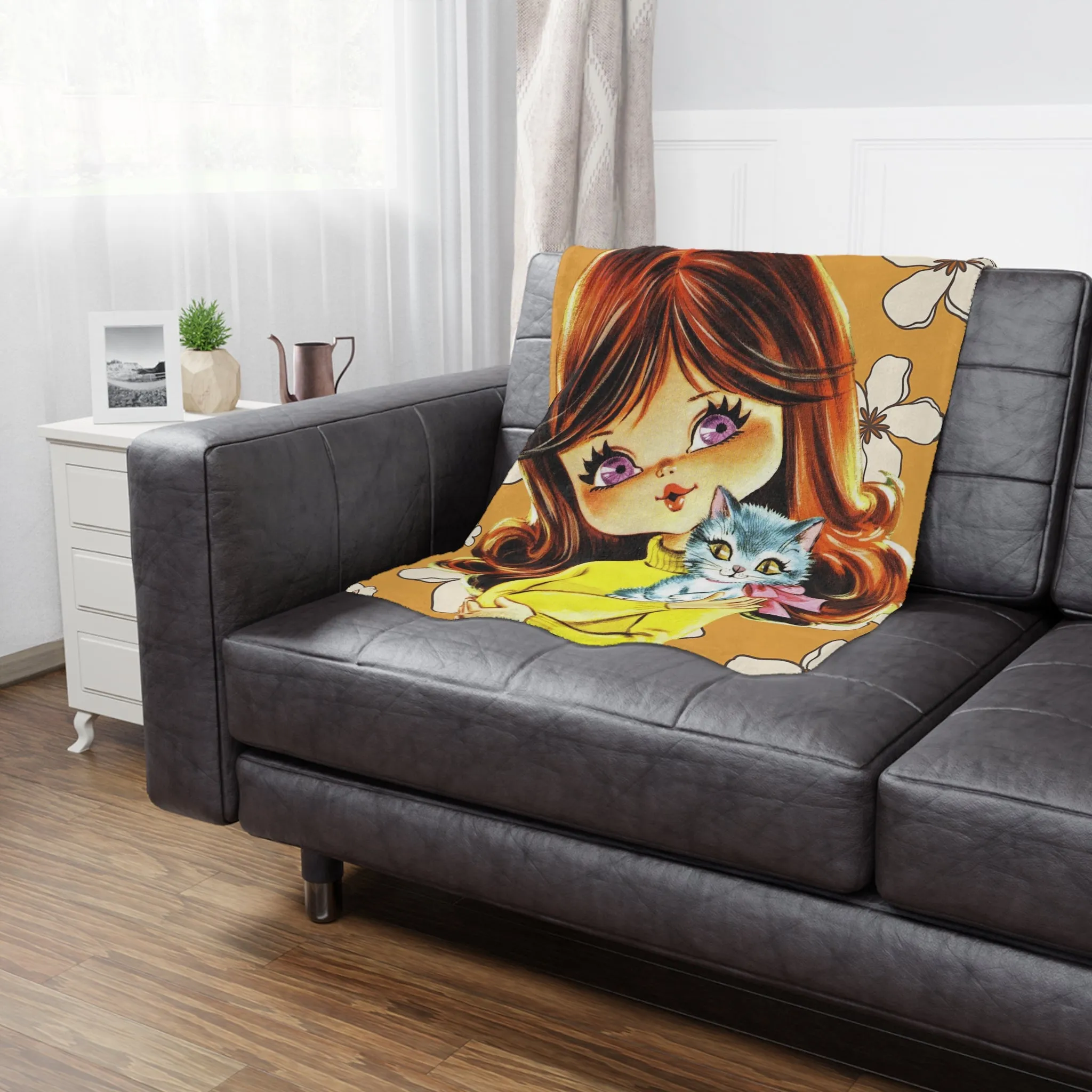 70's Flower Power Pillow, Big Eyed Girl, Violet, Brown Reddish Auburn Hair, Sweet Days Of the 70's, Kitschy Kittie Cat, Retro Minky Blanket