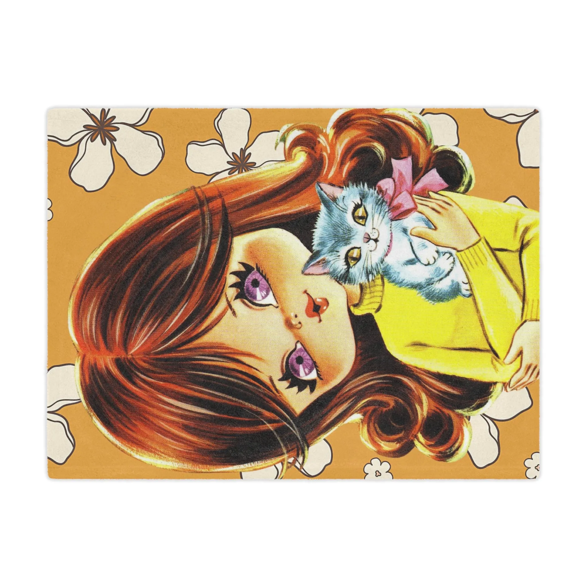 70's Flower Power Pillow, Big Eyed Girl, Violet, Brown Reddish Auburn Hair, Sweet Days Of the 70's, Kitschy Kittie Cat, Retro Minky Blanket