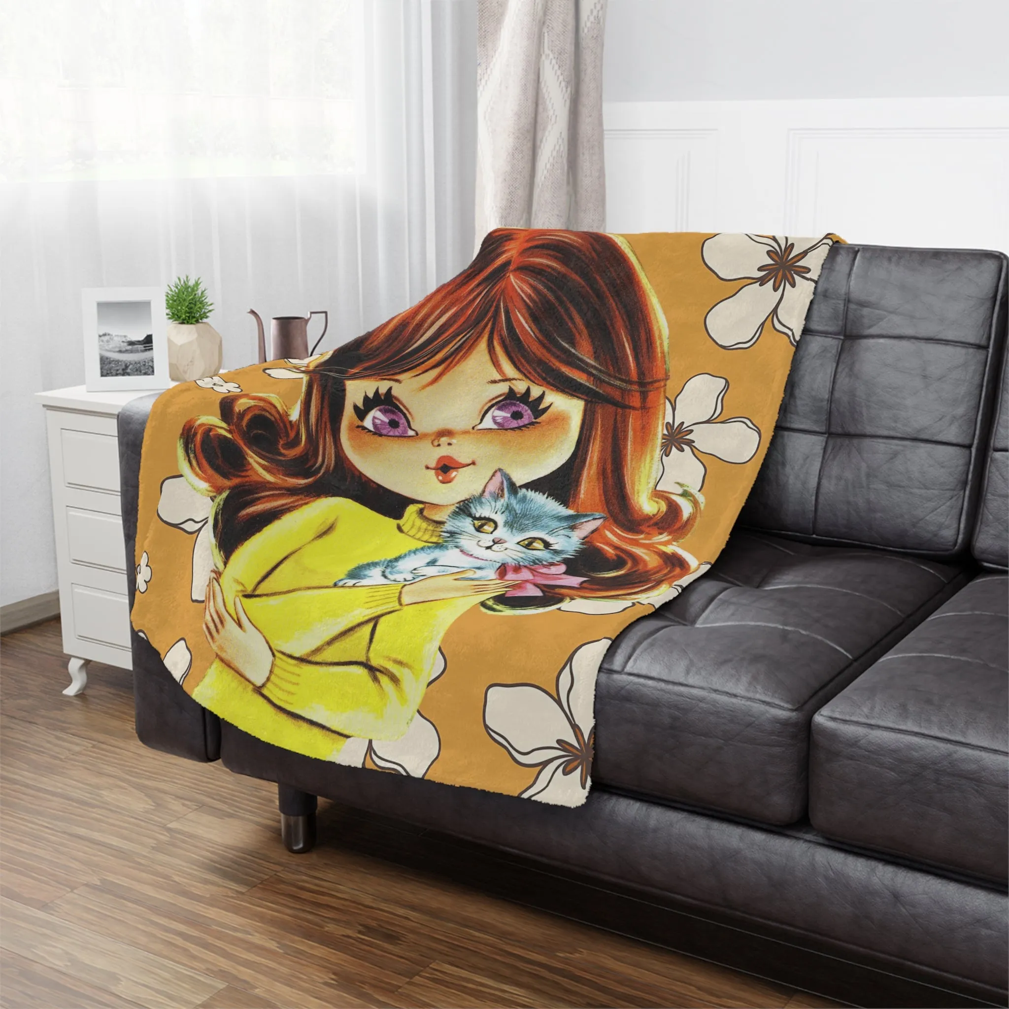 70's Flower Power Pillow, Big Eyed Girl, Violet, Brown Reddish Auburn Hair, Sweet Days Of the 70's, Kitschy Kittie Cat, Retro Minky Blanket