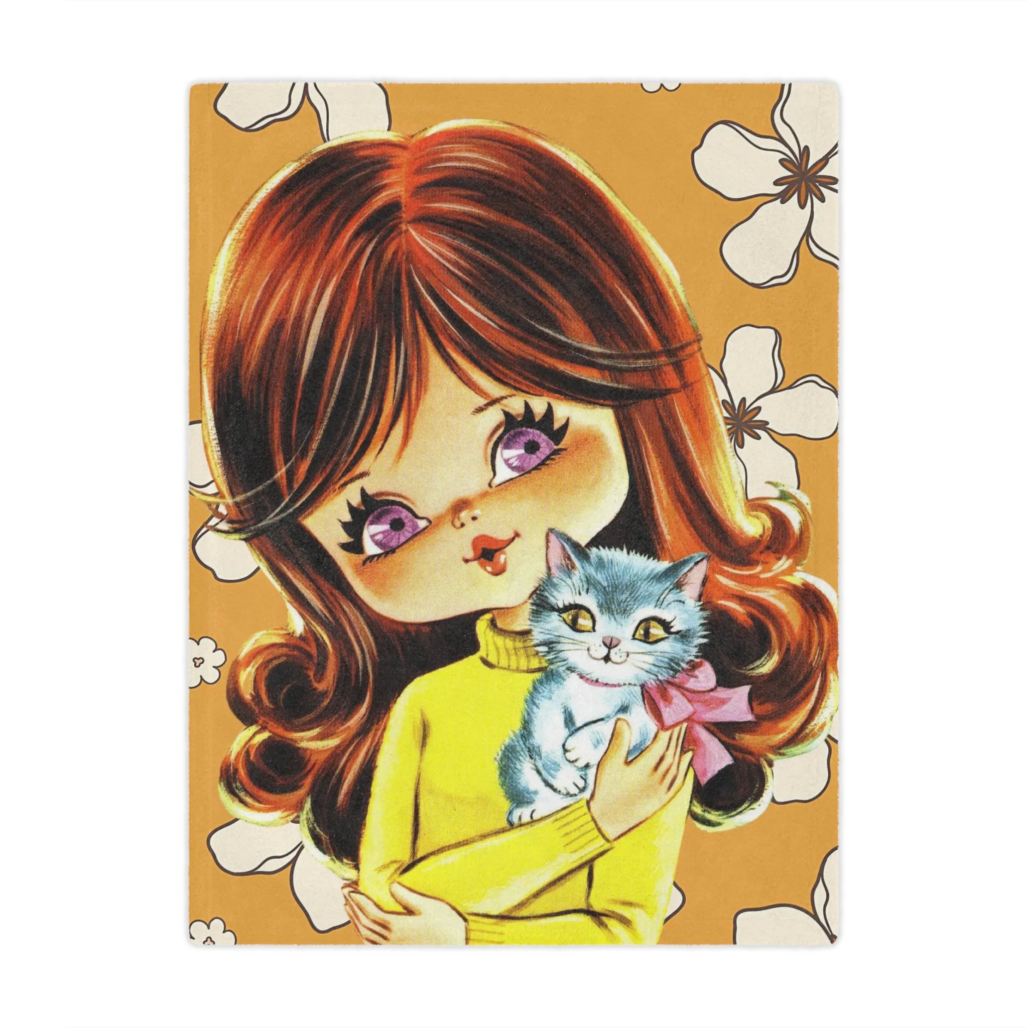 70's Flower Power Pillow, Big Eyed Girl, Violet, Brown Reddish Auburn Hair, Sweet Days Of the 70's, Kitschy Kittie Cat, Retro Minky Blanket