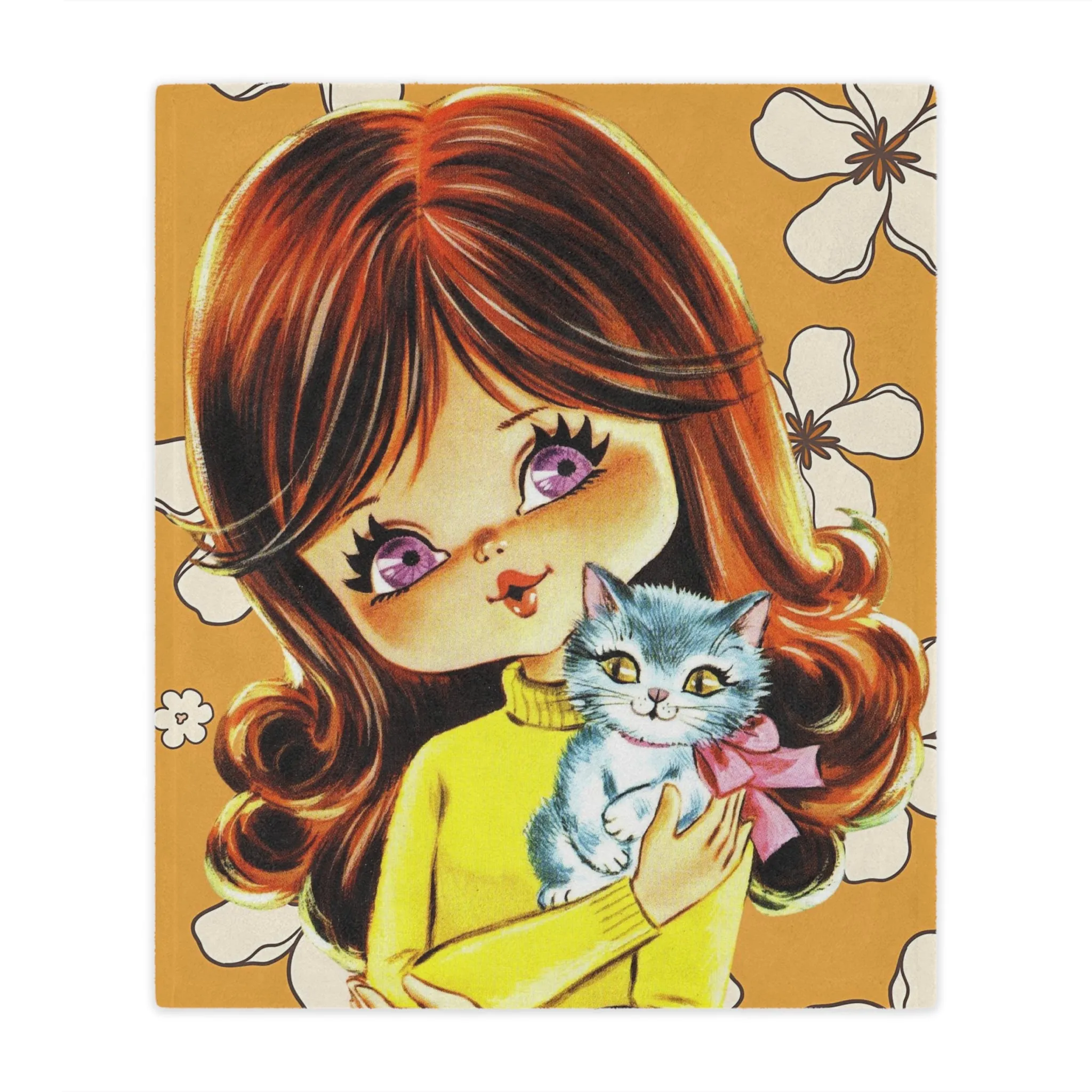 70's Flower Power Pillow, Big Eyed Girl, Violet, Brown Reddish Auburn Hair, Sweet Days Of the 70's, Kitschy Kittie Cat, Retro Minky Blanket