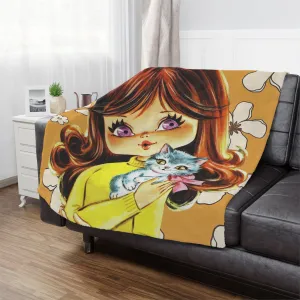 70's Flower Power Pillow, Big Eyed Girl, Violet, Brown Reddish Auburn Hair, Sweet Days Of the 70's, Kitschy Kittie Cat, Retro Minky Blanket