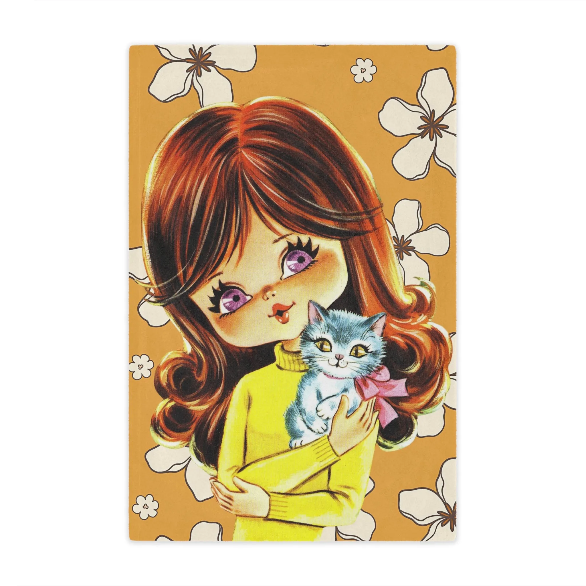 70's Flower Power Pillow, Big Eyed Girl, Violet, Brown Reddish Auburn Hair, Sweet Days Of the 70's, Kitschy Kittie Cat, Retro Minky Blanket