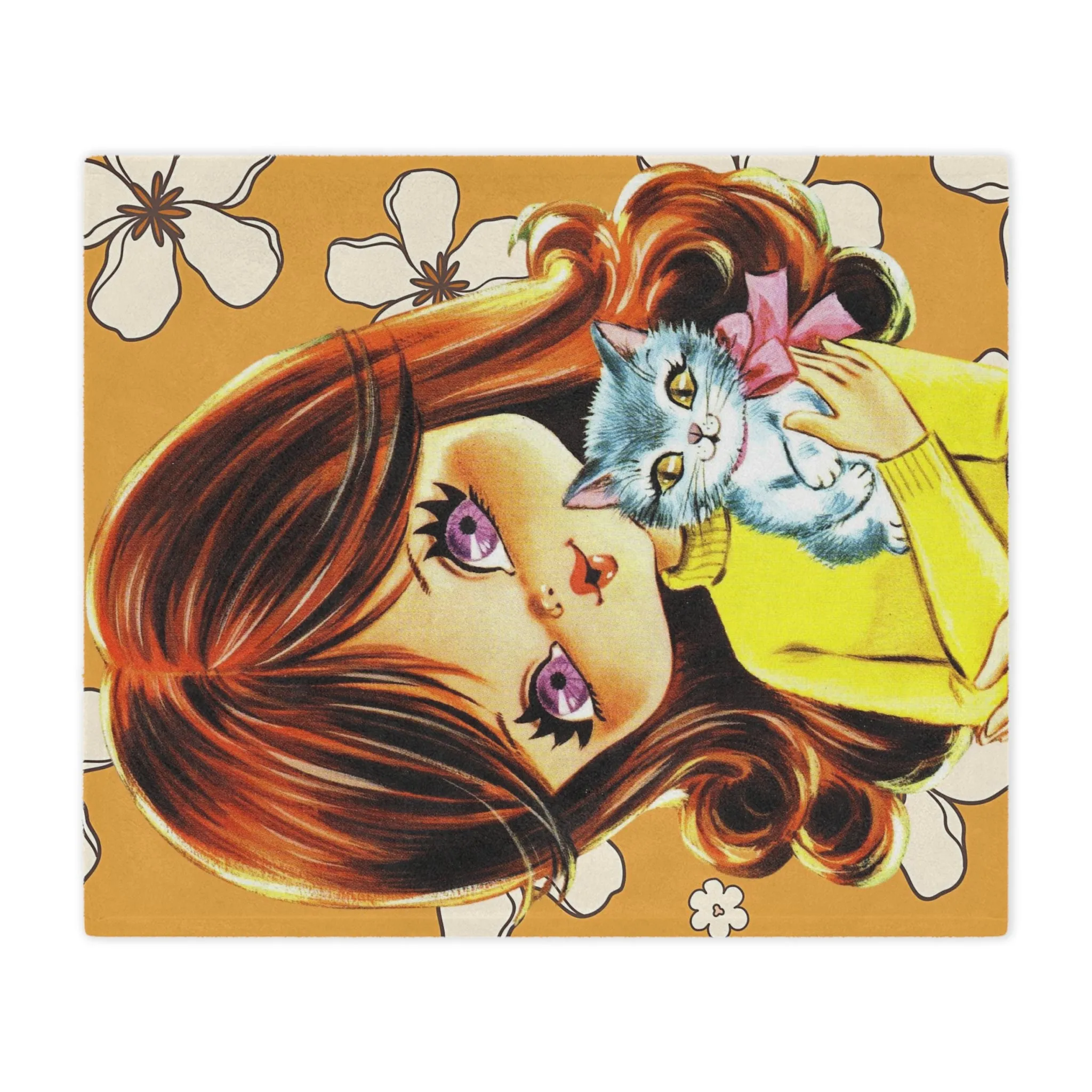 70's Flower Power Pillow, Big Eyed Girl, Violet, Brown Reddish Auburn Hair, Sweet Days Of the 70's, Kitschy Kittie Cat, Retro Minky Blanket