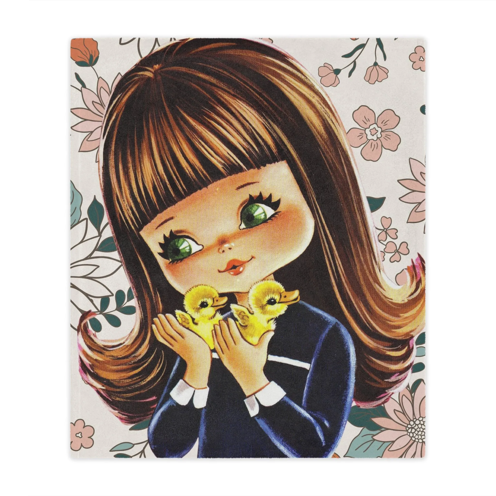 70's Groovy Style, Big Eyed Girl,  Brown Hair, Flower Power, Baby Ducklings, Retro 1970's Home Decor Minky Blanket