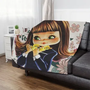 70's Groovy Style, Big Eyed Girl,  Brown Hair, Flower Power, Baby Ducklings, Retro 1970's Home Decor Minky Blanket
