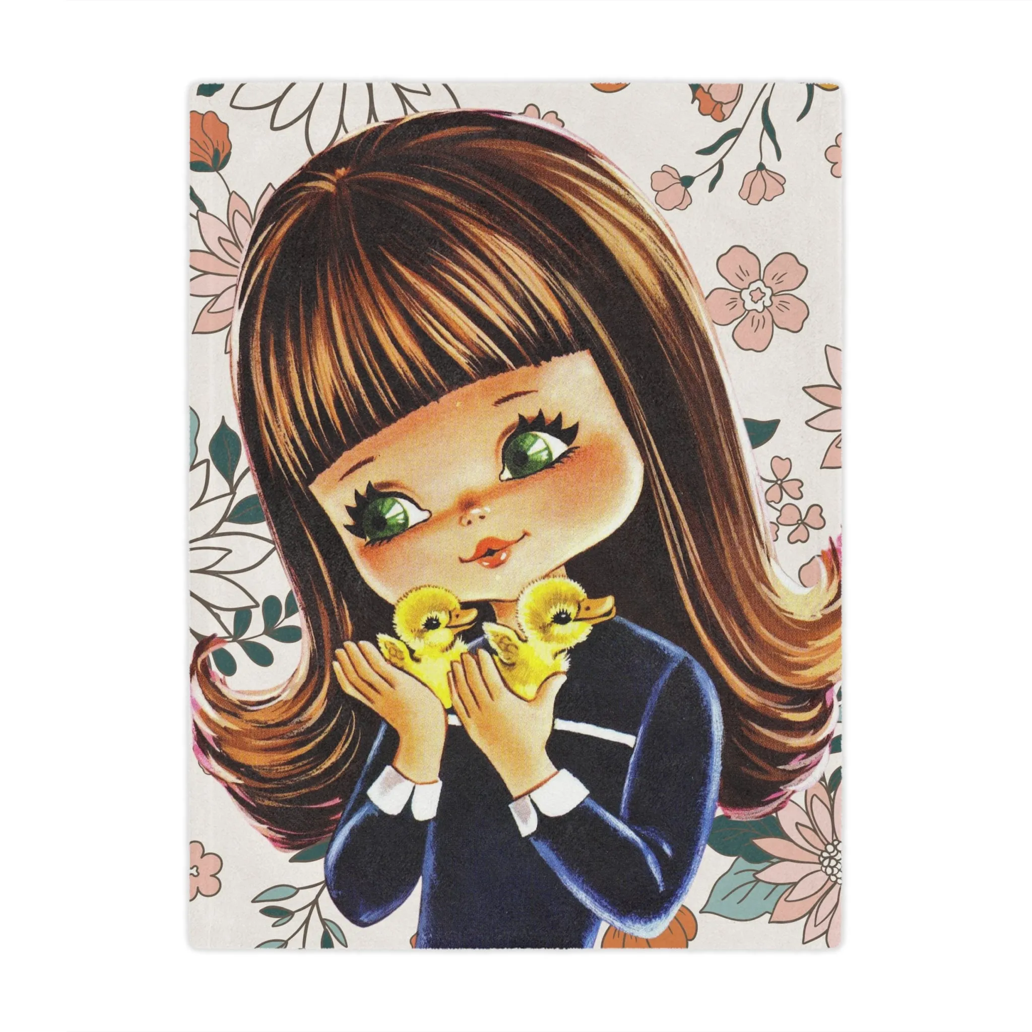 70's Groovy Style, Big Eyed Girl,  Brown Hair, Flower Power, Baby Ducklings, Retro 1970's Home Decor Minky Blanket