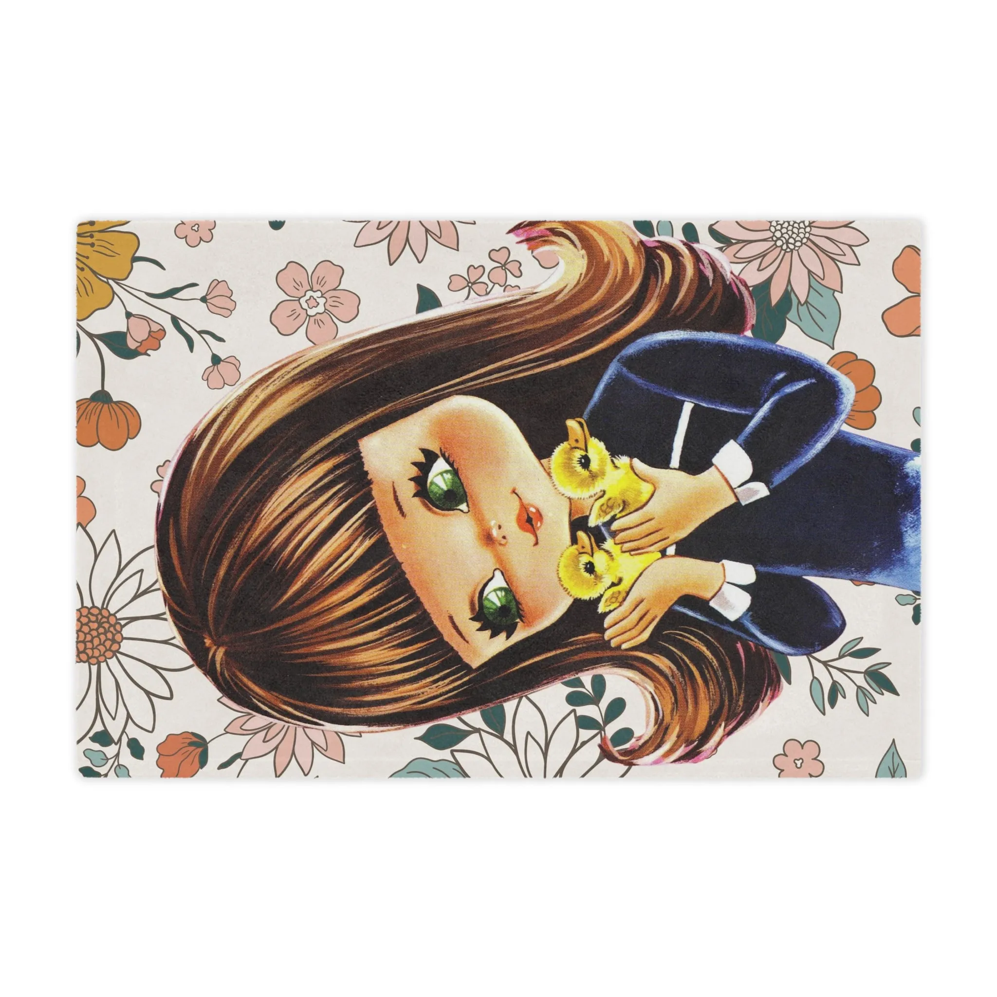 70's Groovy Style, Big Eyed Girl,  Brown Hair, Flower Power, Baby Ducklings, Retro 1970's Home Decor Minky Blanket