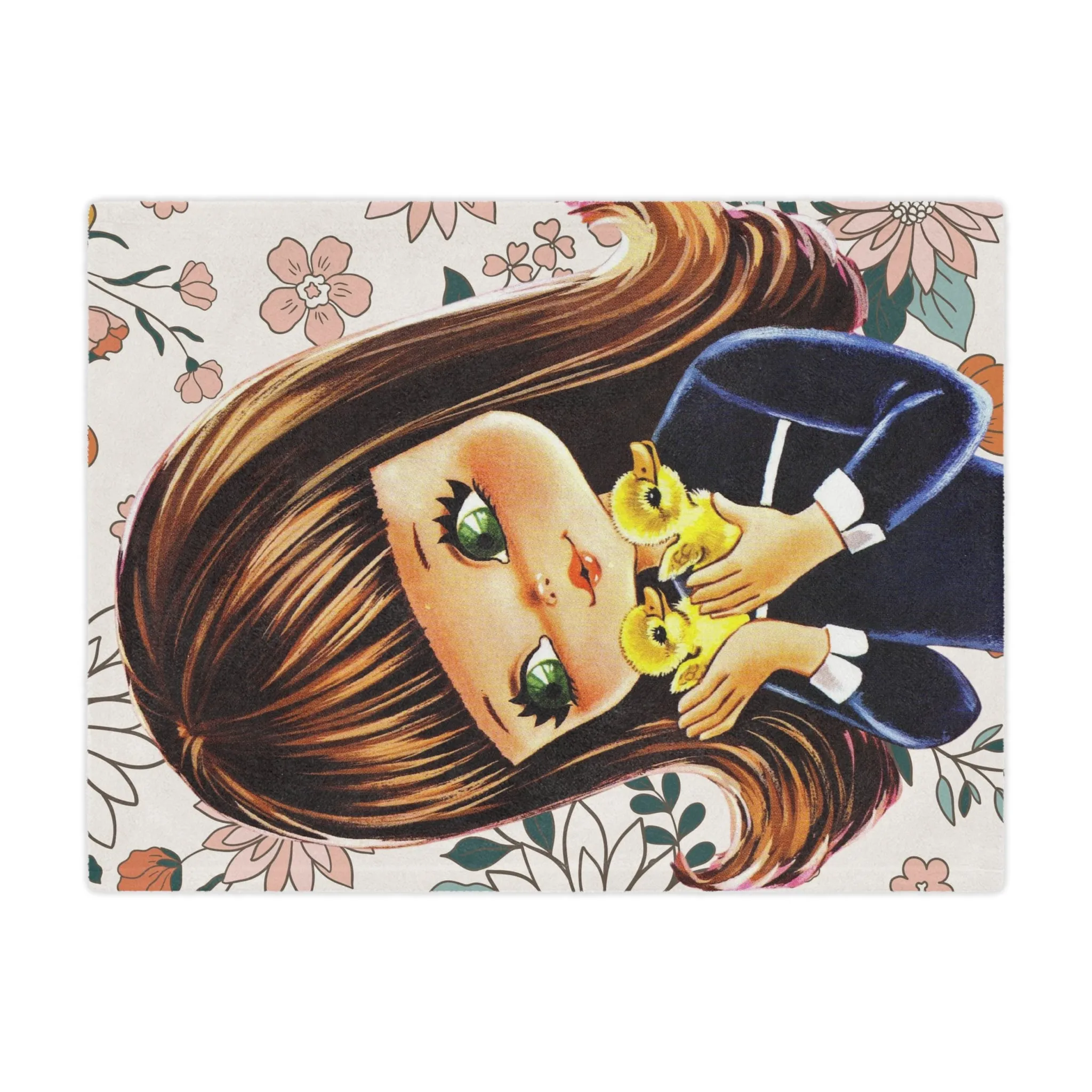 70's Groovy Style, Big Eyed Girl,  Brown Hair, Flower Power, Baby Ducklings, Retro 1970's Home Decor Minky Blanket