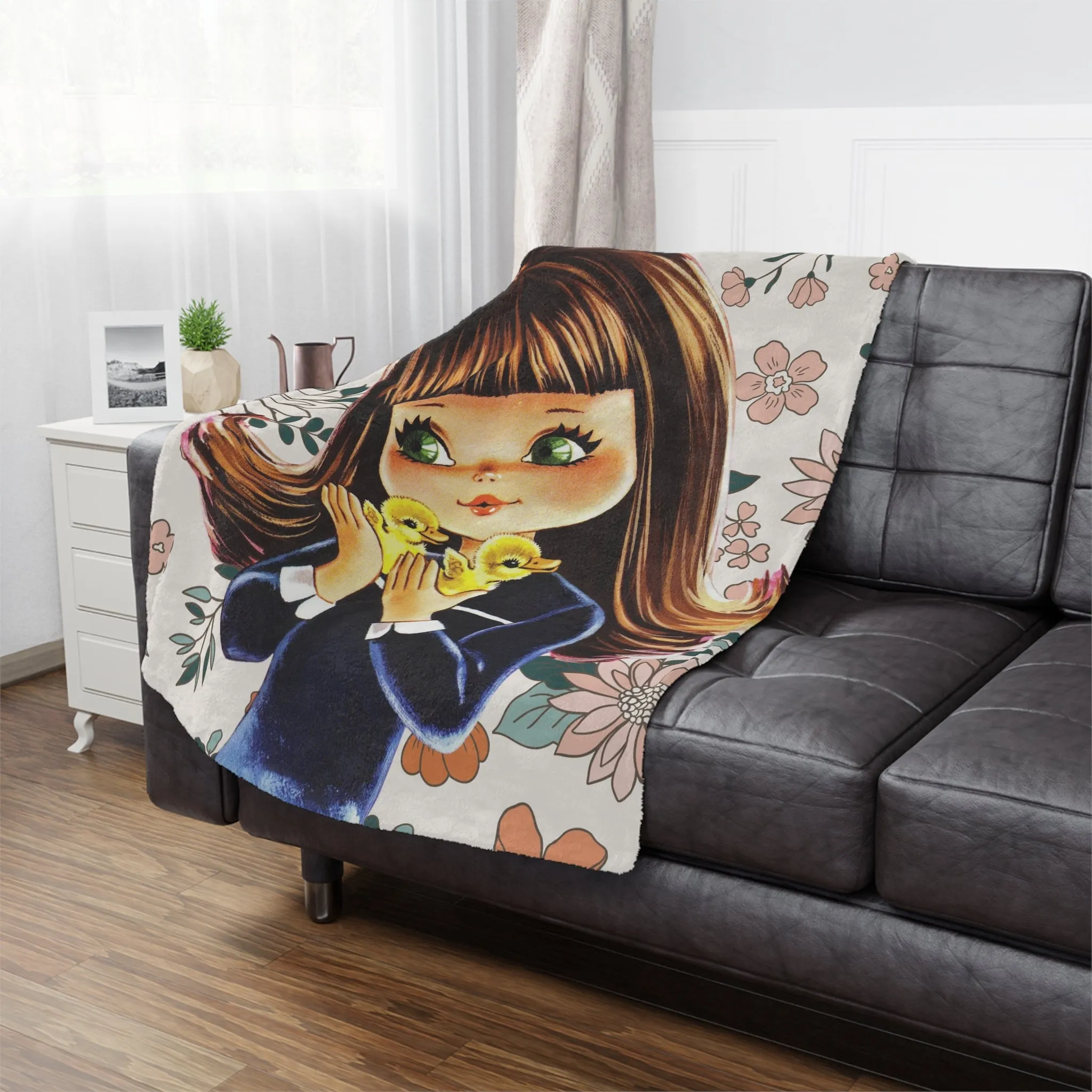 70's Groovy Style, Big Eyed Girl,  Brown Hair, Flower Power, Baby Ducklings, Retro 1970's Home Decor Minky Blanket
