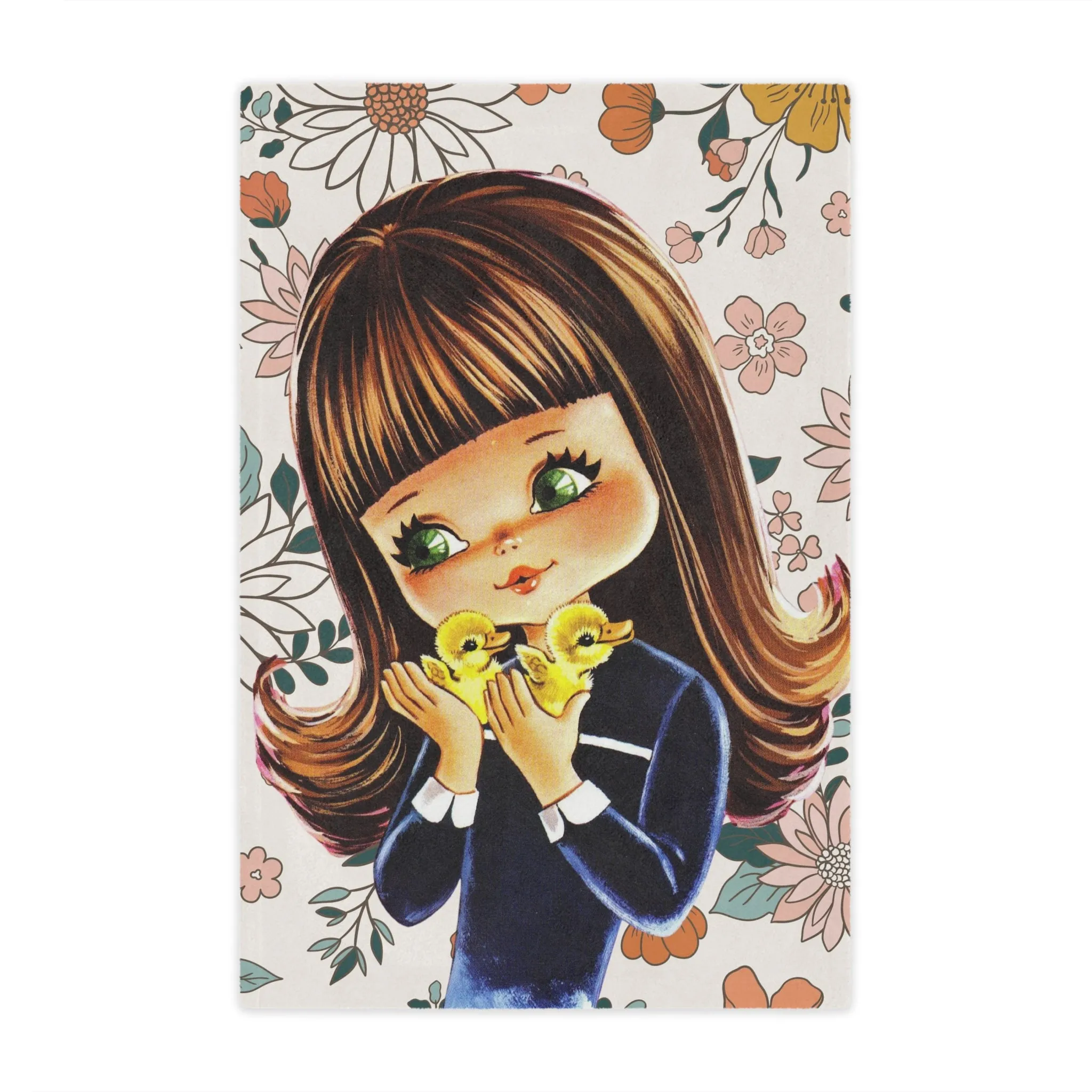 70's Groovy Style, Big Eyed Girl,  Brown Hair, Flower Power, Baby Ducklings, Retro 1970's Home Decor Minky Blanket