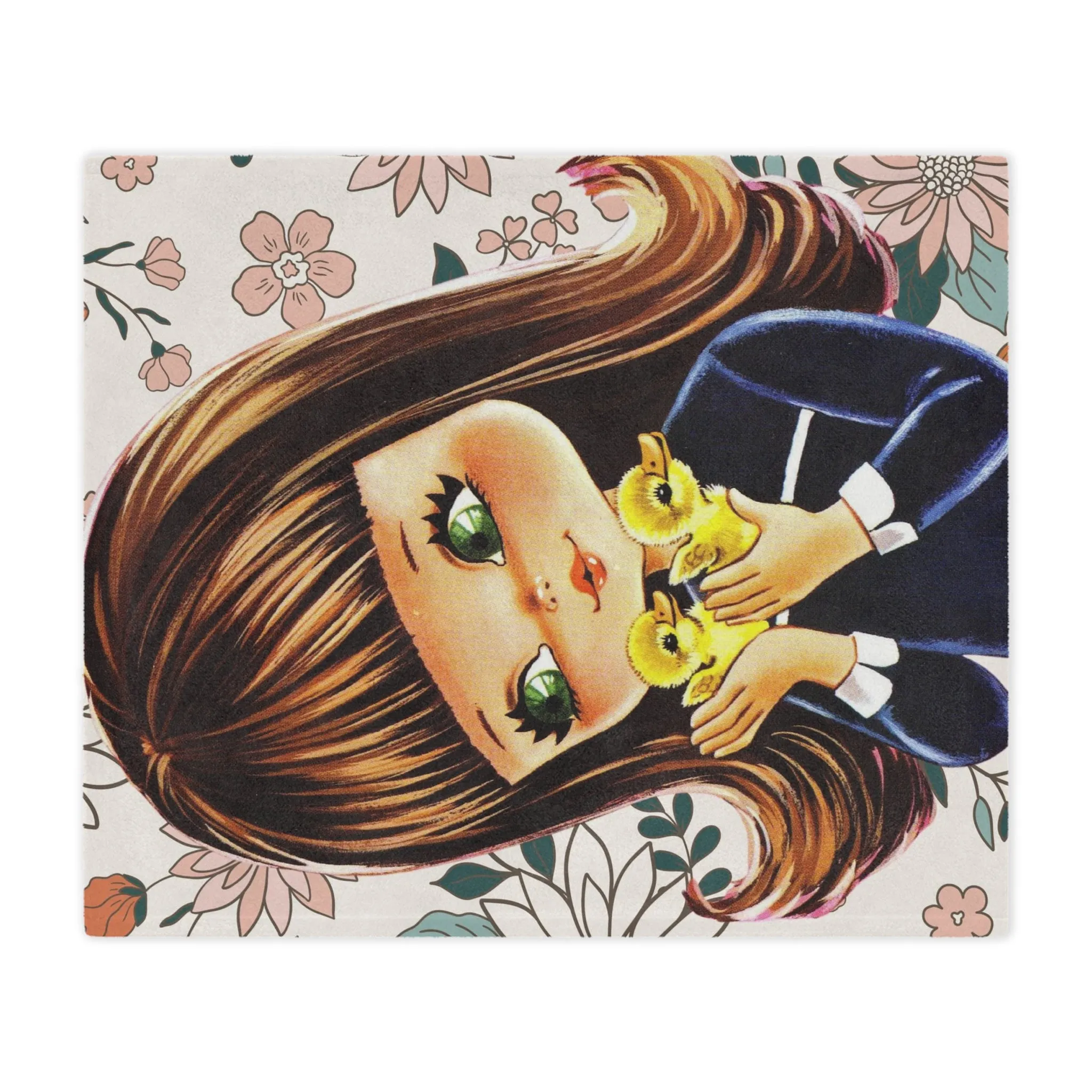 70's Groovy Style, Big Eyed Girl,  Brown Hair, Flower Power, Baby Ducklings, Retro 1970's Home Decor Minky Blanket