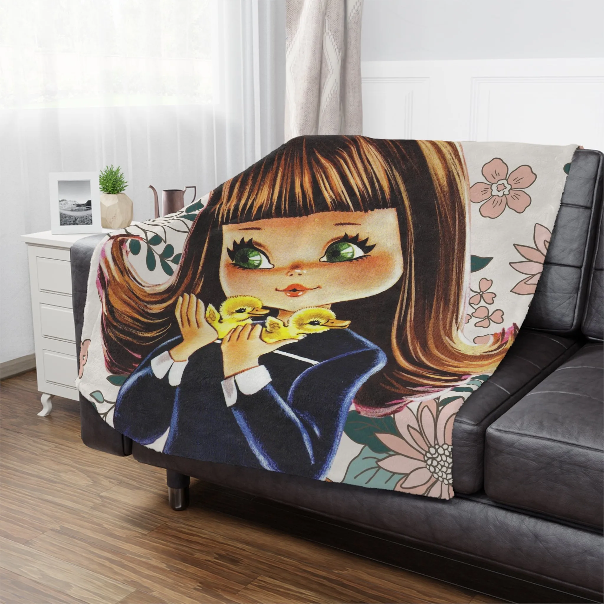 70's Groovy Style, Big Eyed Girl,  Brown Hair, Flower Power, Baby Ducklings, Retro 1970's Home Decor Minky Blanket