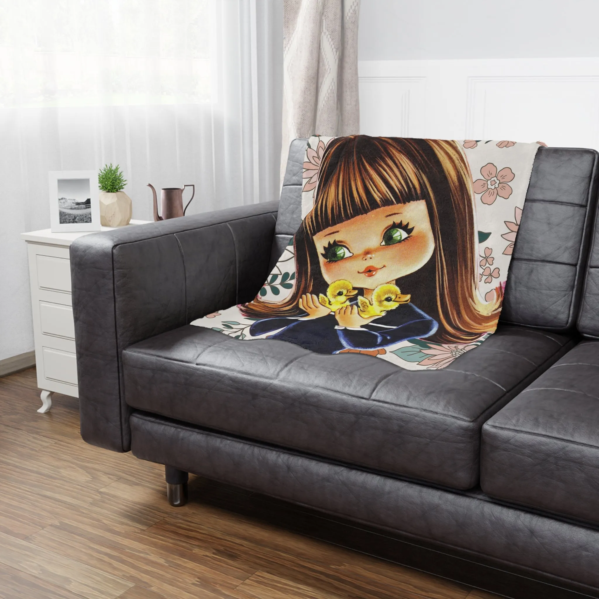 70's Groovy Style, Big Eyed Girl,  Brown Hair, Flower Power, Baby Ducklings, Retro 1970's Home Decor Minky Blanket
