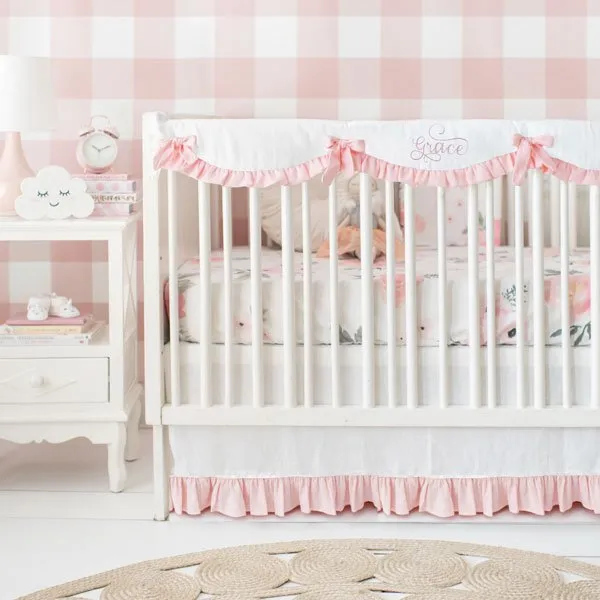 White and Blush Rose Bouquet Floral Crib Skirt